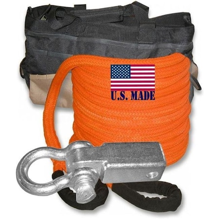 SAFE-T-LINE U.S. made "Safety Orange" Safe-T-Line® Kinetic RECOVERY ROPE (Snatch Rope) - 1 inch X 30 ft with Receiver Shackle Bracket & HD Carry Bag (4X4 VEHICLE RECOVERY) PK0130B-SB